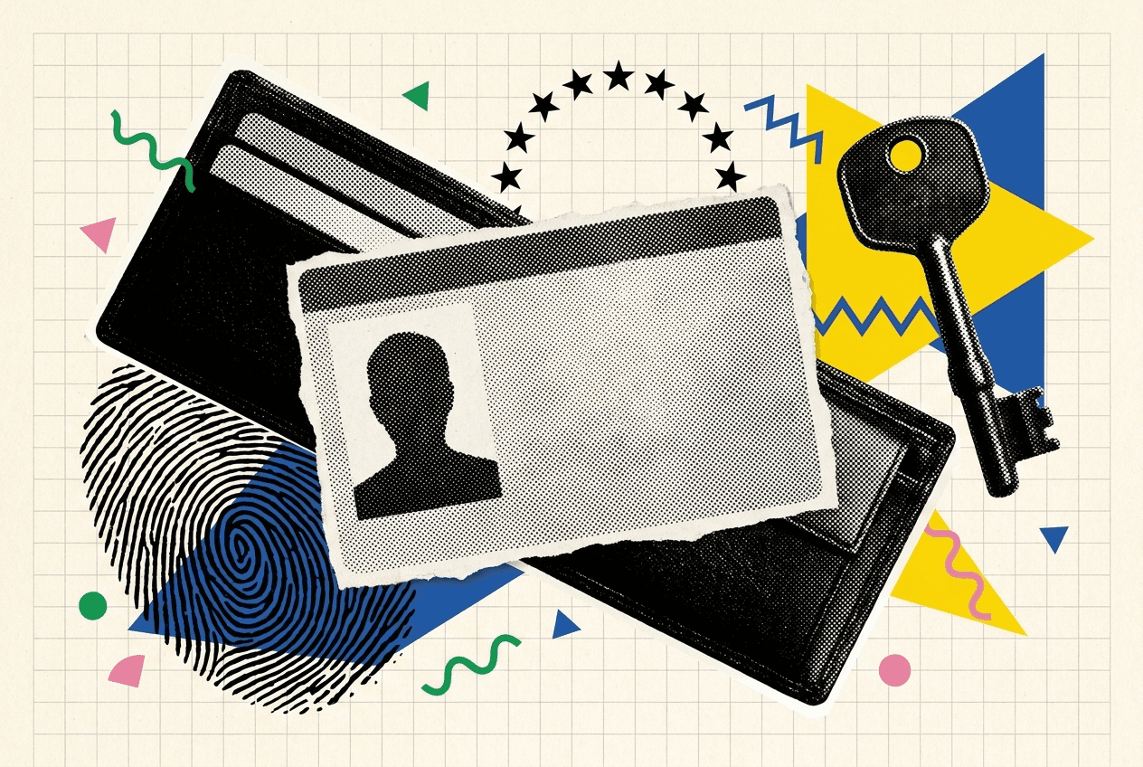 Collage-illustratie met identiteitskaart, portemonnee, vingerafdruk en sterrencirkel