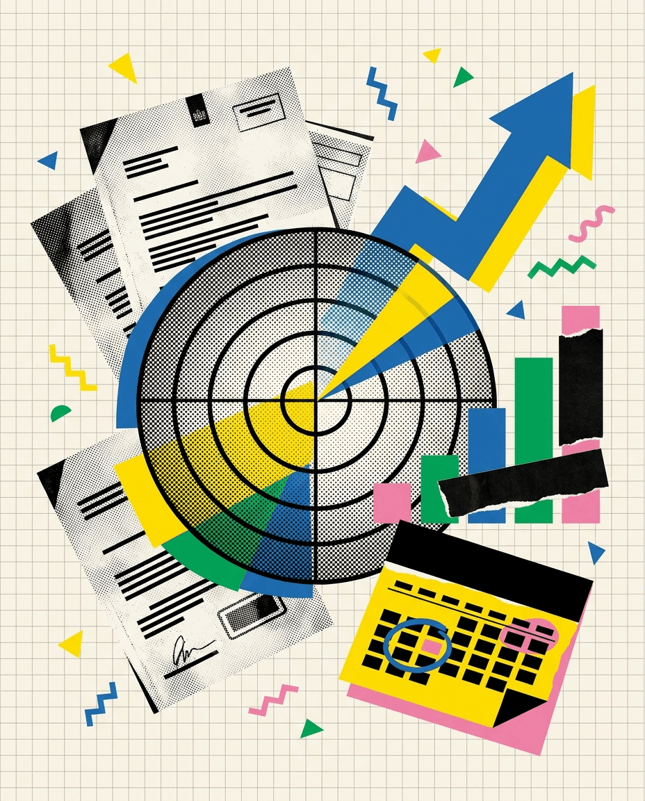 Collage-illustratie van een radar die officiële documenten, deadlines en groeigrafieken vroeg opvangt